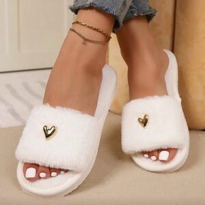 Cozy White Fuzzy Slippers with Gold Heart Accent